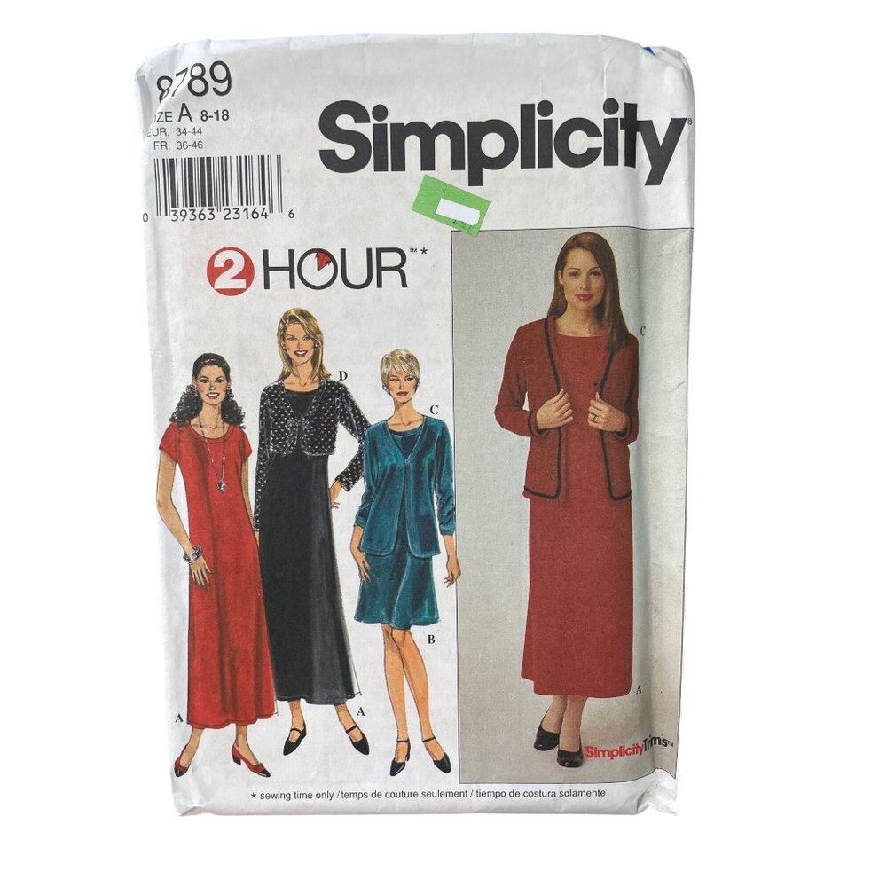 90s Simplicity 8789 Sewing Pattern Size A 8-18 Petite Knit Dress & Jacket UNCUT